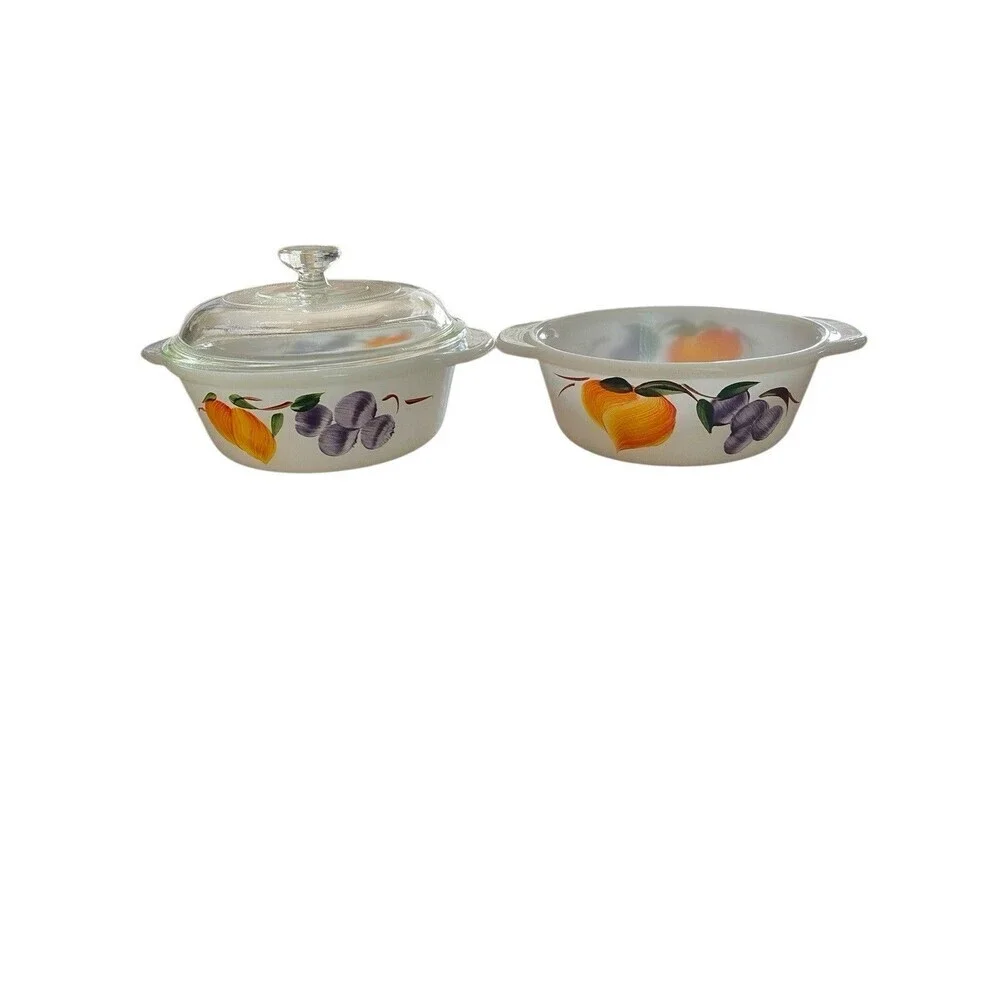 2 Fire King Gay Fad 1 Pt Casseroles & 1 Glass Lid #447 Fruit Anchor Hocking MCM